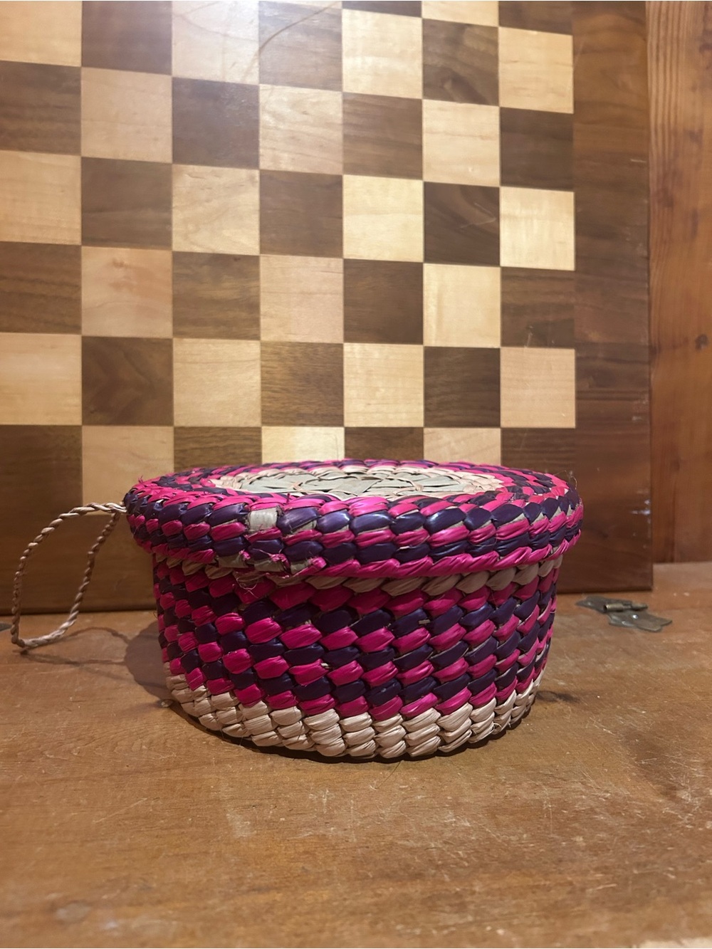 Handwoven Pink and Natural Round Storage Basket with Lid